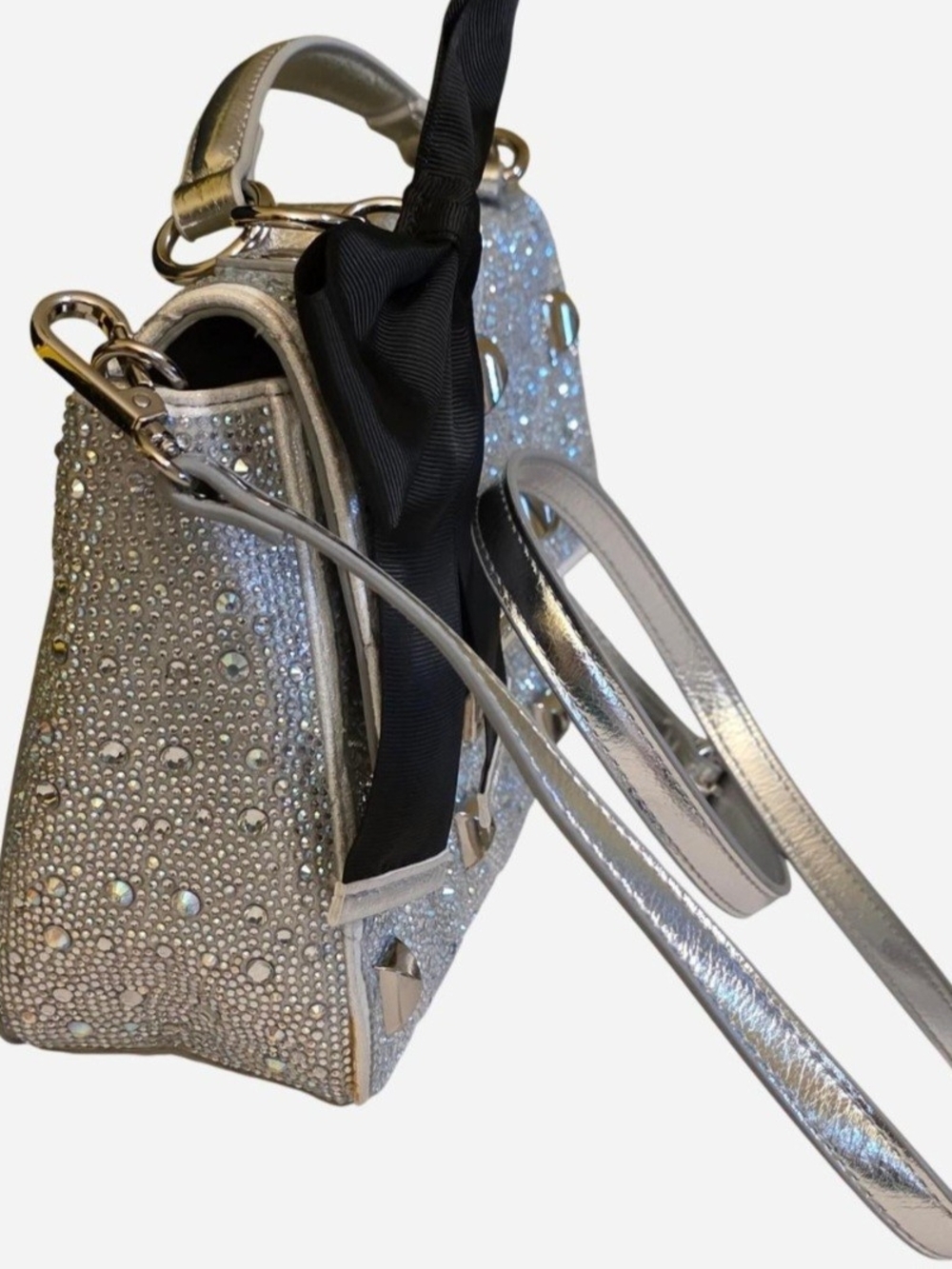LIKE-NEW Betsey Johnson Silver Crystal Studded Purse w/Bow, Sparkle, Rhinestones - Picture 7 of 13